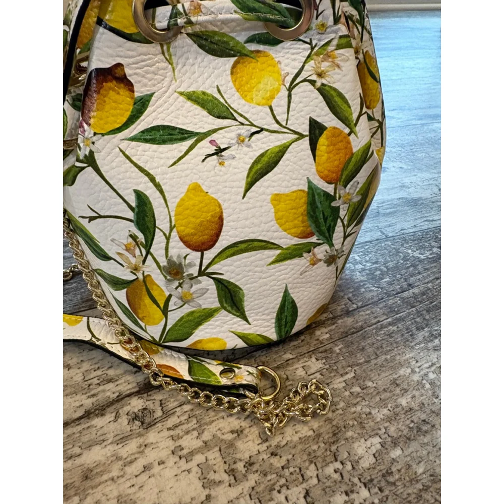 L'Artigiano Sorrentino Italian Leather Lemon Print Bucket Bag Crossbody